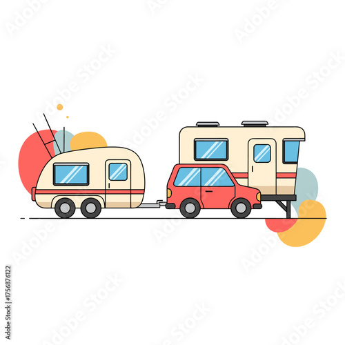 A small red car towing a travel trailer and a fifth wheel recreational vehicle.