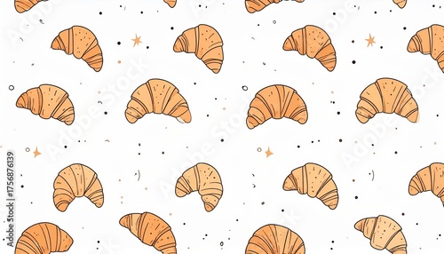 Hand-drawn seamless pattern featuring golden brown croissants and stars on a white background. A cute vector wallpaper illustration for a bakery, cafe, or breakfast menu
