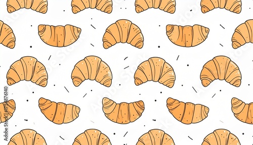 Charming seamless pattern of hand-drawn baked croissants, a delightful background for breakfast and patisserie themes