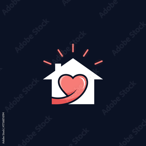 A white house with a large pink heart embracing it from the side with small red lines radiating outward from the top of the house.