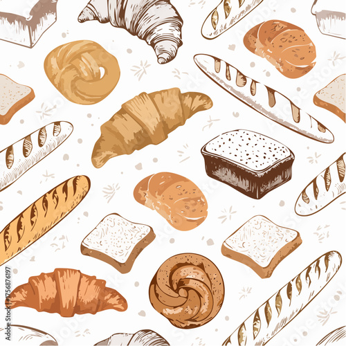 Seamless hand-drawn pattern of diverse freshly baked goods artisanal bread, flaky croissants, and sweet pastries, perfect for bakery branding, cafe decor, or food packaging designs