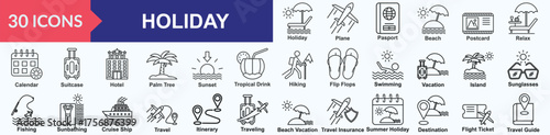 Holiday icon set. Containing traveling, beach vacation, travel insurance, summer holiday, holiday destination, flight ticket, travel guide