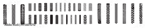 Big Set of Black tire tracks isolated on a white background. Concept of vehicle tires, tracks pattern, car tire prints, tread marks. Design, illustration, automotive elements