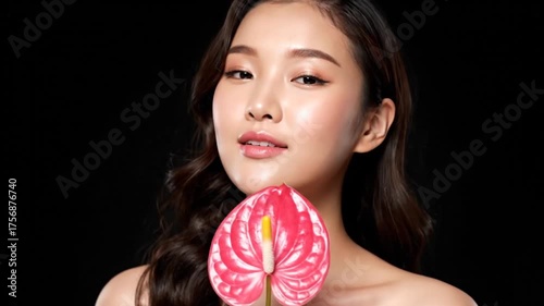 Woman with flower poses against black backdrop for beauty and wellness