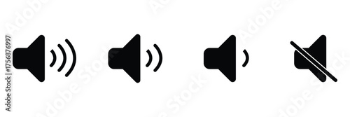 Sound volume icons set with different signal levels on white background. Sound icon, volume symbol, speaker sign, audio control icon set. Vector Eps10