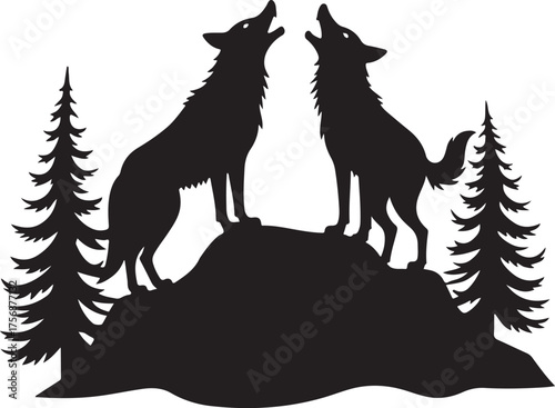 Two wolves howling on a rocky outcrop with pine trees