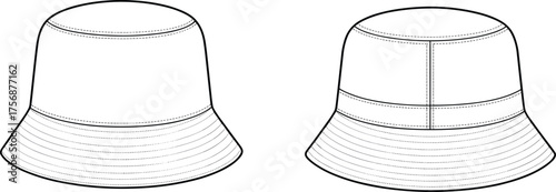 Bucket hat technical flat sketch, two design variations with stitched brim and crown seam details, apparel CAD drawing, clothing vector illustration templateBucket hat technical flat sketch, 