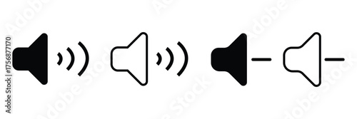 Sound volume icons set with different signal levels on white background. Sound icon, volume symbol, speaker sign, audio control icon set. Vector Eps10