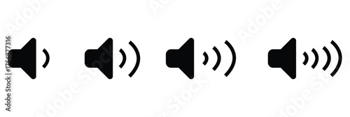 Sound volume icons set with different signal levels on white background. Sound icon, volume symbol, speaker sign, audio control icon set. Vector Eps10