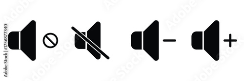 Sound volume icons set with different signal levels on white background. Sound icon, volume symbol, speaker sign, audio control icon set. Vector Eps10