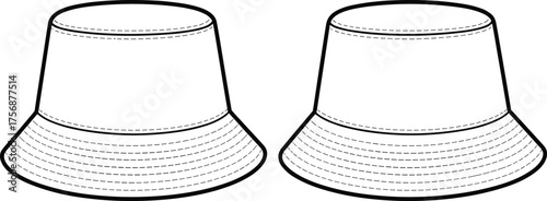 Bucket hat technical flat sketch, two design variations with stitched crown and brim details, apparel CAD drawing, 