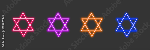 Neon glowing Star of David vector icons set, Judaism symbol, Magen David, Jewish religious sign, spiritual faith, vibrant colorful digital design illustration on dark background.
