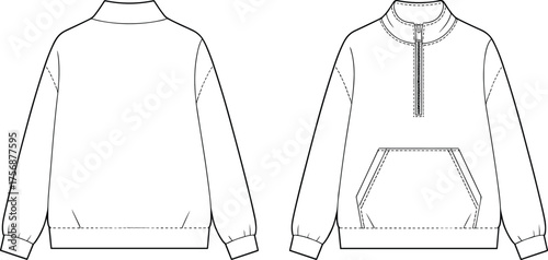Half zip pullover sweatshirt flat sketch, kangaroo pocket design, ribbed cuffs hem collar, technical apparel template, cad drawing flat vector illustration