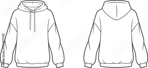 Hoodie sweatshirt technical flat sketch, front and back view, drawstring hood fashion design, apparel CAD drawing, clothing vector illustration template