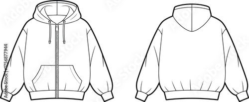 Hoodie sweatshirt technical flat sketch, front and back view, full zip drawstring hood design, apparel CAD drawing, clothing vector illustration template