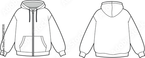 Hoodie sweatshirt technical flat sketch, front and back view, full zip drawstring hood fashion design, apparel CAD drawing, clothing vector illustration