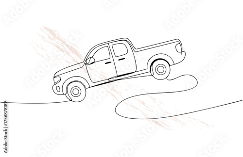 Single line drawing a pickup truck stuck in mud with textured vehicle transport