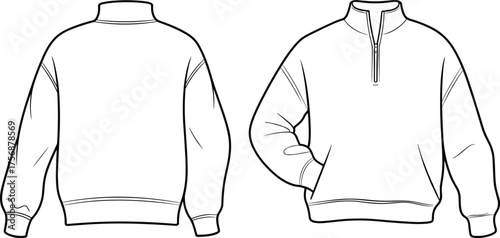 Pullover sweatshirt technical flat sketch, front and back view, quarter zip collar, kangaroo pocket, ribbed cuffs hem, apparel design template, CAD drawing flat vector illustration
