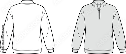 Pullover sweatshirt technical flat sketch, front and back view, quarter zip stand collar, ribbed cuffs hem, apparel design template, CAD drawing flat vector illustration