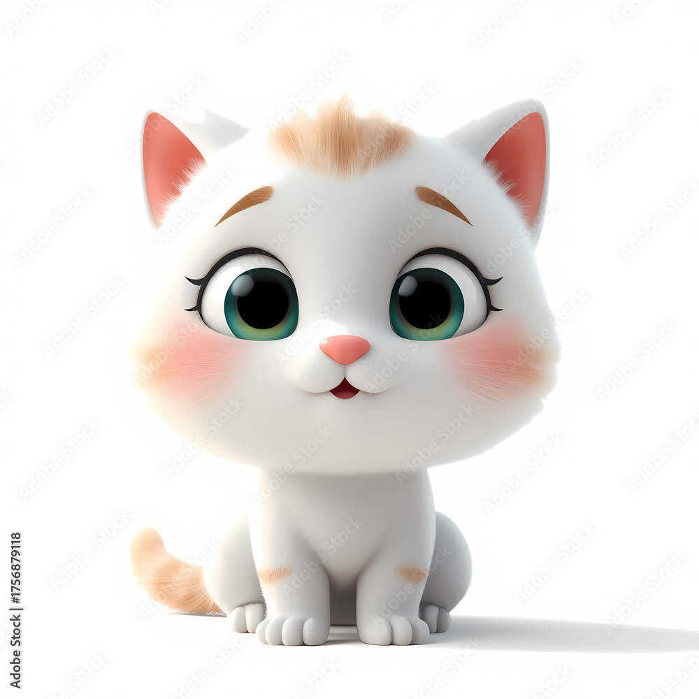 Fototapeta premium Cute 3D Cartoon White Kitten Character Portrait. Adorable Baby Cat with Big Eyes and Blush. Charming Pet Illustration for Kids & Design. Sweet Little Feline Isolated on White Background.
