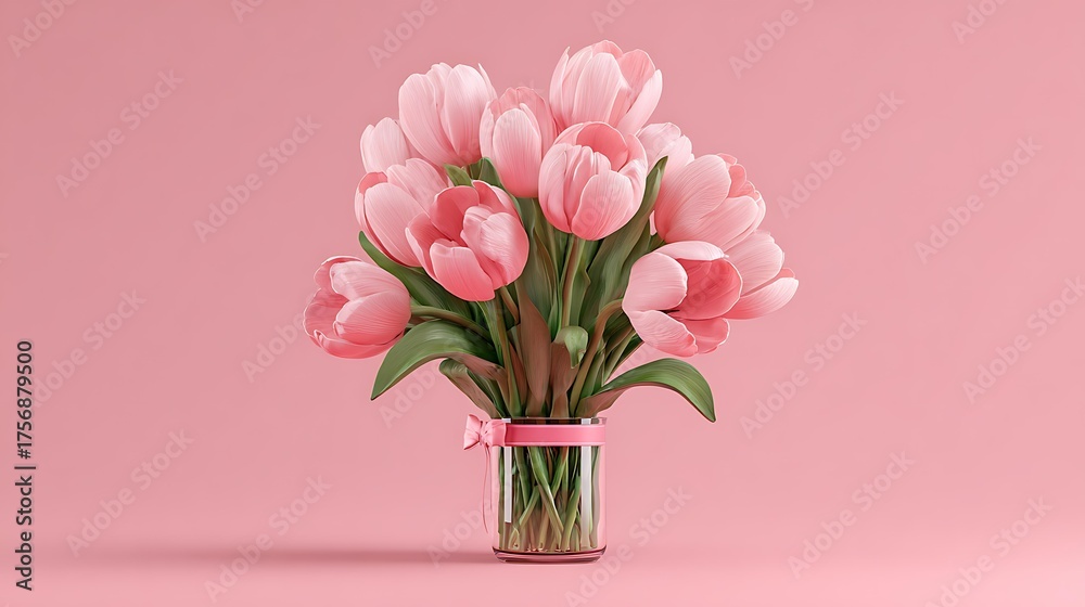 Fototapeta premium A close-up, top-down photograph of a beautiful bouquet of fresh light pink tulips, a delicate pink ribbon tied in a neat bow Delicate Floral Gifting and Celebration Feminine and Soft Aesthetics