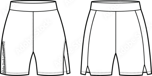 Shorts technical flat sketch, two front view design variations with waistband seam and side slit details, apparel CAD drawing, clothing vector illustration