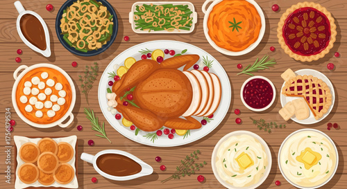 Thanksgiving Feast A Colorful and Abundant Spread of Traditional Dishes on a Wooden Table