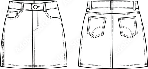 Skirt technical flat sketch, front and back view, waistband belt loops, patch pockets, fly front, apparel design template, CAD drawing flat vector illustration