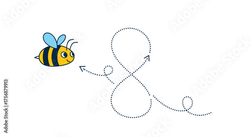A cute cartoon bee flying in a figure eight pattern with dotted lines indicating its flight path