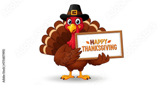 Festive Thanksgiving Turkey with Pilgrim Hat and Happy Thanksgiving Sign