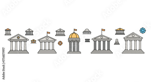Illustrations of various government buildings and institutions representing public service and civic structures