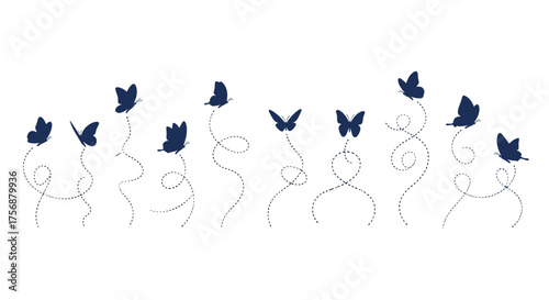 Elegant dark blue butterflies gracefully fluttering and dancing above swirling delicate trails of dots on a white background
