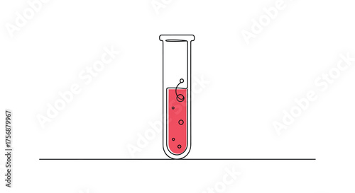 Close up of a transparent test tube containing red liquid and bubbles on a white background with a thin horizontal line at the bottom