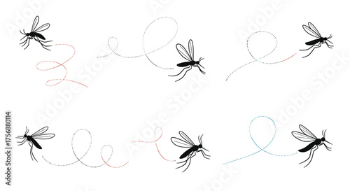 Illustrations of mosquitos in flight showing their erratic and unpredictable movement patterns through air currents