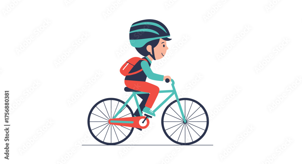Obraz premium Young person wearing helmet and backpack riding a bicycle for outdoor recreation and healthy lifestyle activity