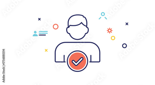 Illustration of a verified user account profile with success checkmark and abstract elements