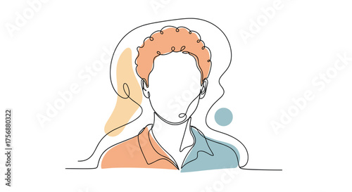 Abstract minimalist illustration of a person with curly hair and abstract shapes in pastel colors