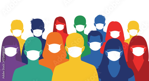 Diverse crowd of people wearing face masks during pandemic health crisis social distancing safety measures public health awareness