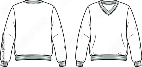 Sweater technical flat sketch, V‑neck striped rib cuffs waistband design, long sleeve fashion template, apparel CAD drawing, clothing vector illustration