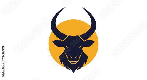 Powerful bull head symbol against a bright yellow circular background represents strength and determination