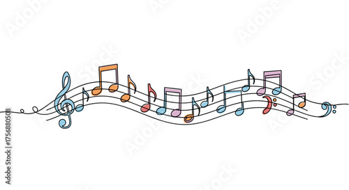 Colorful musical notes flowing along a dashed line with treble clef and various rhythms depicted