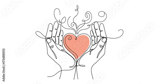 Elegant line art illustration of caring hands gently holding a blooming heart symbolizing love and compassion