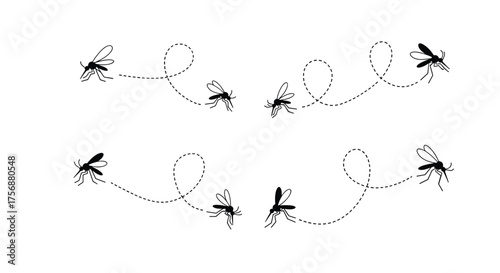 Illustration of mosquitos in flight patterns showing their erratic and unpredictable movements through the air creating buzzing loops and curves