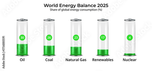World energy balance 2025 infographic vector chart showing the share of global energy consumption by source in realistic battery style bar graphs.