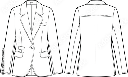 Women’s blazer technical flat sketch, tailored jacket front and back view, 