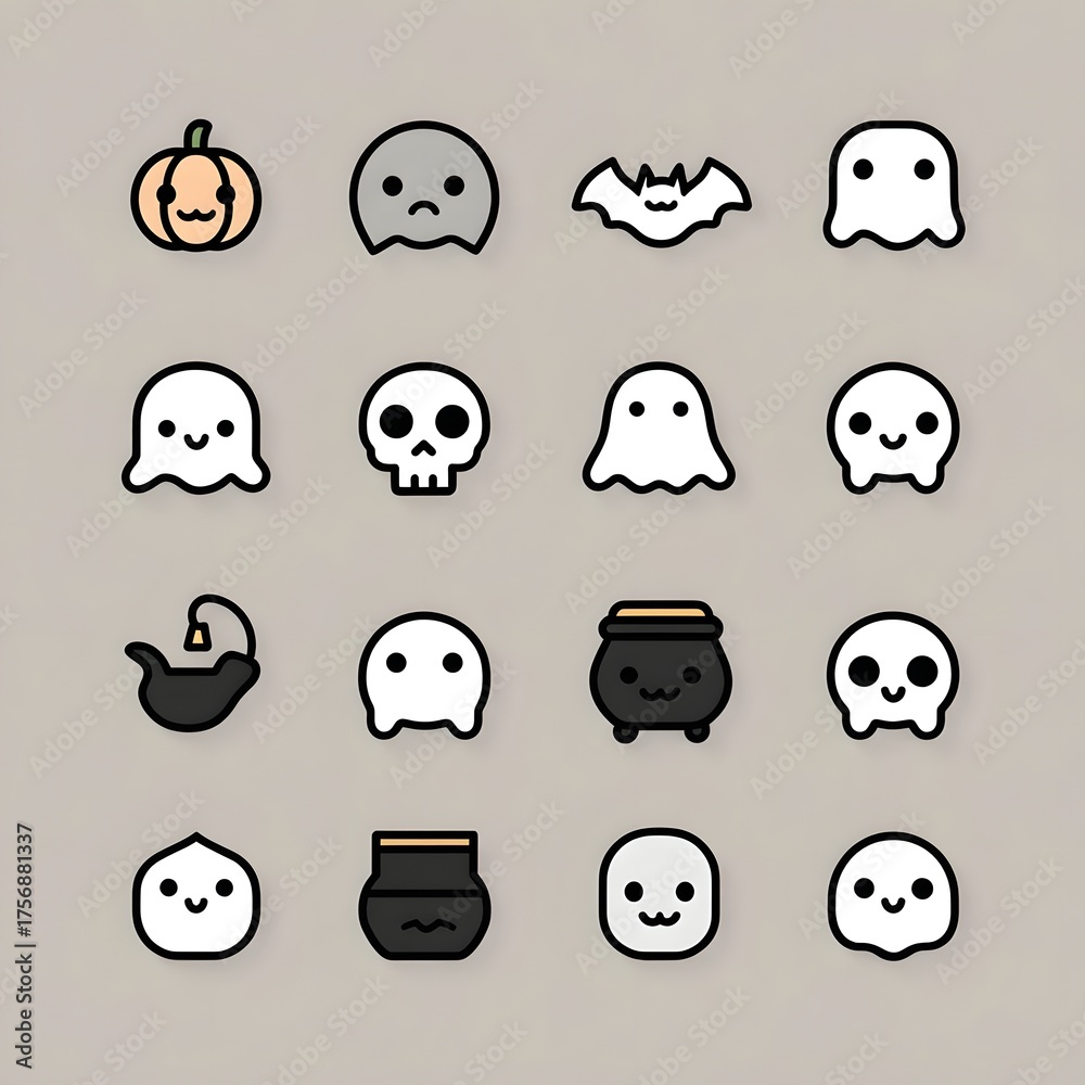 Fototapeta premium A grid of cute and spooky Halloween icons including pumpkins ghosts bats skulls and cauldrons rendered in a simple style