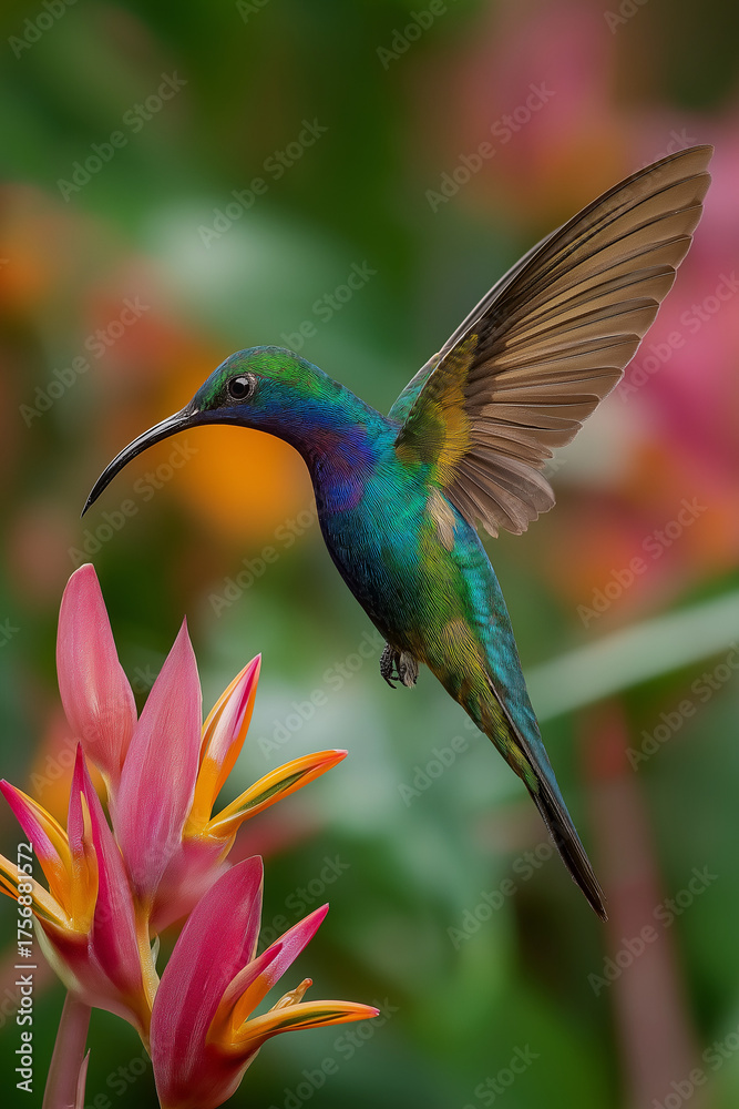 Fototapeta premium Green hummingbird hovering in tropical garden near pink flowers. Perfect for nature, wildlife, and bird photography.