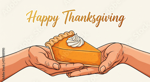 A Slice of Delicious Pumpkin Pie Held Carefully in Two Hands, Celebrating the Spirit of Thanksgiving Joy and Abundance