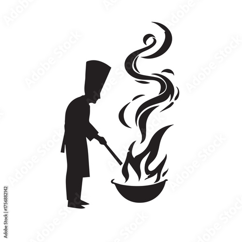 Silhouette of a chef in traditional attire cooking over an open flame with steam rising from a wok