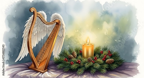 Harp with Wings and Candle Wreath